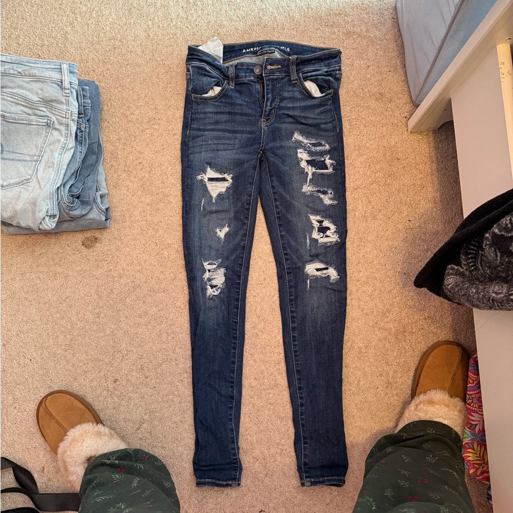 American Eagle Blue Skinny Jeans with Distressed Details